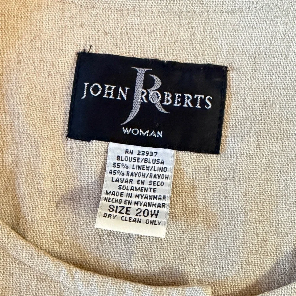 John Roberts Woman Linen Blend Button Front Short Sleeve Blouse Top sz 20W Beige